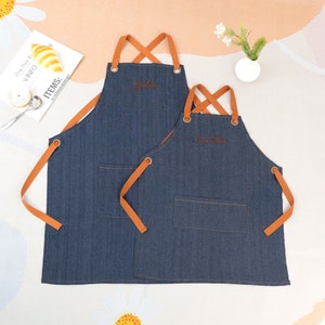 Personalized Denim Embroidered Apron, Family Cooking Apron with Pockets, Barbeque/Bartender Apron, Family Matching Apron, Custom Child Apron