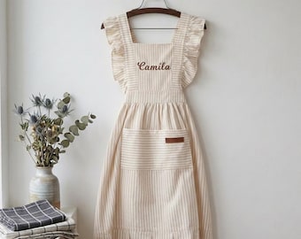 Personalized Striped Apron for Women, Cotton Ruffle Apron with Pockets, Cottagecore Farmhouse Kitchenwear
