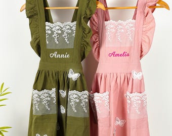 Personalized Cotton Linen Embroidered Apron for Women, Baking Butterfly Apron with Pockets, Mother's Gift