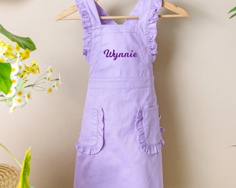 Personalized Kids Apron, Baking Toddler Apron with Pockets, Embroidered Name Aprons for Kids, Child Aprons with Ruffle Strap, Gift for girls