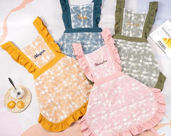 Personalized Embroidered Lace Apron, Vintage Cotton Ladies Apron