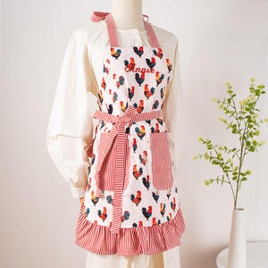 Personalized Name Apron for Women, Baking Apron with Pockets, Farm Apron, Striped Apron with Ruffled hem, Eye-Catching Red Apron for Her