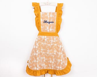 Custom Flower Lace Baking Apron, Embroidered Cotton Crossback Apron
