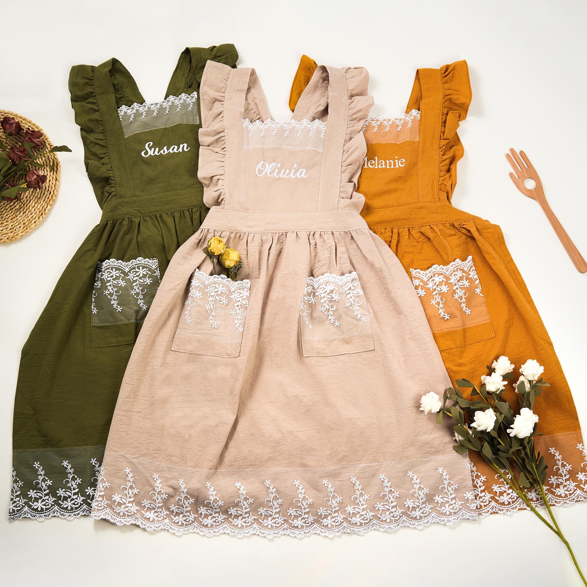 embroidered apron dress Custom Embroidered Apron Dress, Cotton Lace Pockets, Gift for Her