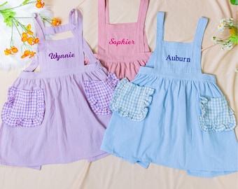 Personalized Toddler Apron, Kids Aprons with Plaid Pockets, School Baking Pinafore, Christmas Children gift