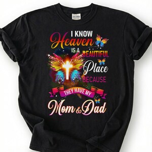 Mom And Dad In Heaven Shirt, Glowing Cross Butterfly Wing Tee, Grieving Orphan Memorial T-Shirt, Loss Of Both Parents Tribute Top