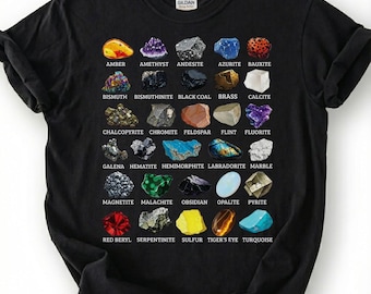 Chemise graphique de la collection de minéraux, t-shirt guide d'identification des types de roches, t-shirt en cristal de pierres précieuses de géologie, cadeau pour amateur de sciences de la terre Rockhound