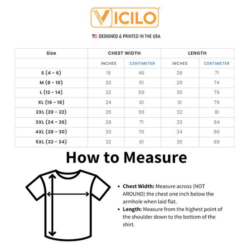 Peut inclure: Un tableau blanc avec des mesures de tailles en pouces et en centim&egrave;tres pour la largeur de la poitrine et la longueur. Le tableau comprend les tailles S &agrave; 5XL. L'image comprend &eacute;galement un sch&eacute;ma pour mesurer un t-shirt.