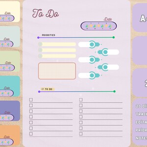 May include: A digital planner with a purple background and the words "To Do" in a handwritten font. The planner includes sections for priorities, a to-do list, and a date tracker. The image also includes the text "A4 + LETTER", "PDF FILE", and "20 COLORS".