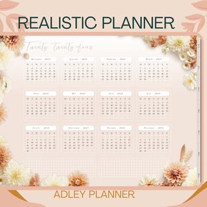 以下が含まれることがあります： 花のデザインと「Twenty Twenty Four」と「Adley Planner」のテキストが書かれた印刷可能なプランナー。このプランナーには、2024 年の各月のカレンダーが含まれています。