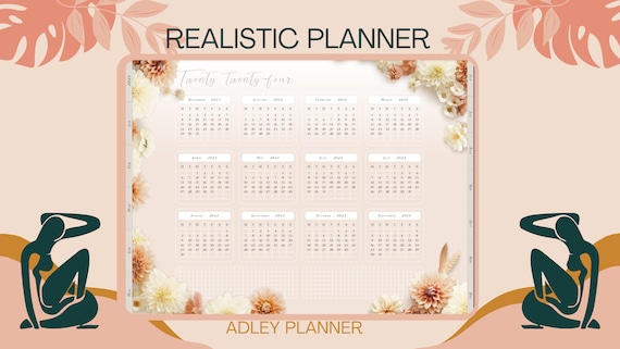Floral Digital Yearly Planner GoodNotes iPad Goal Setting Task Tracker Hyperlinked Undated Annual Planner Printable Botanical PDF