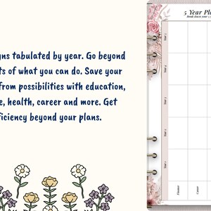 May include: A 5-year plan template with a floral design. The template is divided into five columns, each representing a year. The columns are labeled "Year 1" through "Year 5". The template is designed to help you plan your goals and track your progress over a five-year period.