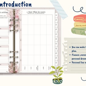 May include: A planner with a floral design on the cover. The planner has a section for a 5-year plan vision and goals setting, and a section for a 5-year plan in years. The planner is open to show the pages inside. The text on the page says "You can make the best choice for your plan. Finance, career, family, health, personal dream choose one of these. Personal line and goal setting."