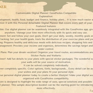 May include: A digital planner with a beige background and text that reads "ADLEY PLANNER" and "Customizable Digital Planner: GoodNotes Compatible". The text describes the features of the planner, including personal development, health tracking, meal planning, budget and financial management, and vacation planning. The text also mentions that the planner is compatible with the GoodNotes app.