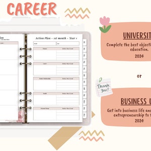 May include: A pink and brown planner with a floral design. The planner has a 1-year plan and an action plan section. The planner is open to show the pages. The text "CAREER" is at the top of the image. The image also shows two options for the year: "UNIVERSITY" and "BUSINESS LIFE".