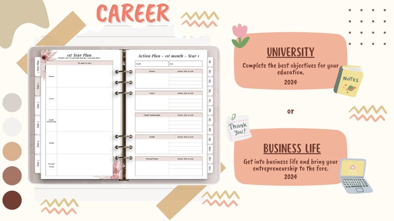 May include: A pink and brown planner with a floral design. The planner has a 1-year plan and an action plan section. The planner is open to show the pages. The text "CAREER" is at the top of the image. The image also shows two options for the year: "UNIVERSITY" and "BUSINESS LIFE".