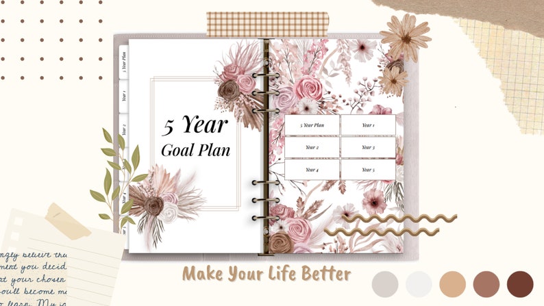 May include: A 5-year goal planner with a floral design. The planner has a white background with pink and brown flowers and leaves. The text "5 Year Goal Plan" is in a black frame on the left page. The right page has a grid for writing goals for each year. The text "Make Your Life Better" is at the bottom of the page.