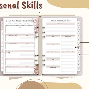 May include: A planner with a floral design on the cover. The planner has a section for goal setting and a section for reviewing the past year. The planner is designed to help people set goals and track their progress.