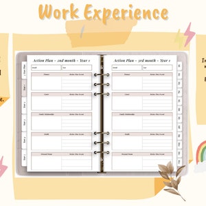 May include: A planner with a brown cover and gold rings. The planner is open to two pages with the text "Action Plan - 2nd month - Year 1" and "Action Plan - 3rd month - Year 1" at the top of each page. The pages are divided into sections with headings such as "Goals", "Tasks", "Family & Relationships", "Health", and "Personal Growth". The planner also includes a section for "1 Year And" with the text "In just one year of dedicated work, I've transformed challenges into triumphs, and with each day, my journey unfolds as a testament to passion, resilience, and the relentless pursuit of excellence. 2024". There is also a section for "3rd Month Action" with the text "In my three-month work experience, my goal achievement plan involves mastering key skills, exceeding performance targets, and actively seeking opportunities for professional growth to make a significant impact within the organization 2024".