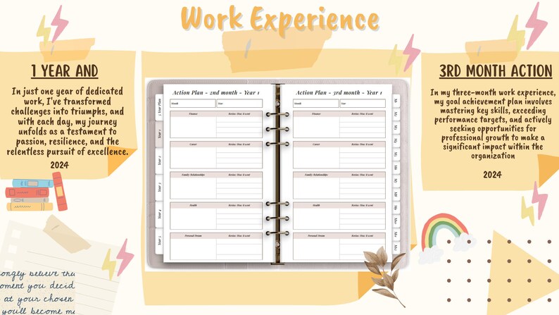May include: A planner with a brown cover and gold rings. The planner is open to two pages with the text "Action Plan - 2nd month - Year 1" and "Action Plan - 3rd month - Year 1" at the top of each page. The pages are divided into sections with headings such as "Goals", "Tasks", "Family & Relationships", "Health", and "Personal Growth". The planner also includes a section for "1 Year And" with the text "In just one year of dedicated work, I've transformed challenges into triumphs, and with each day, my journey unfolds as a testament to passion, resilience, and the relentless pursuit of excellence. 2024". There is also a section for "3rd Month Action" with the text "In my three-month work experience, my goal achievement plan involves mastering key skills, exceeding performance targets, and actively seeking opportunities for professional growth to make a significant impact within the organization 2024".