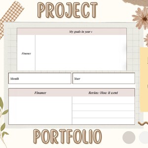 May include: A printable project and finance tracker with a beige background and brown text. The tracker includes sections for goals, month, finance, year, and review. The text "PROJECT & FINANCE" is on a yellow sticky note with the text "How did my one-year finance projects go? What did I miss? How can I make it more efficient? 2024".