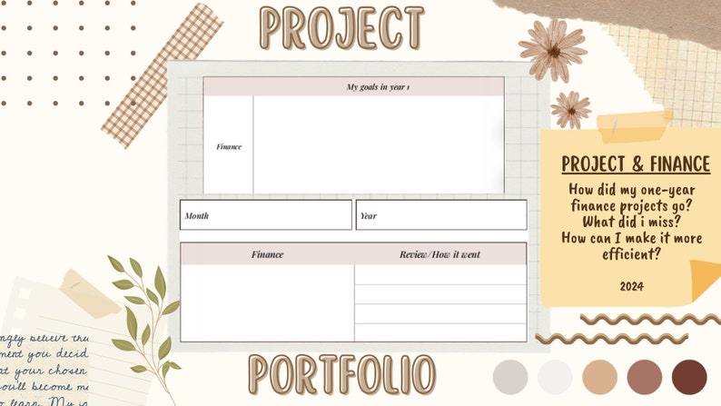 May include: A printable project and finance tracker with a beige background and brown text. The tracker includes sections for goals, month, finance, year, and review. The text "PROJECT & FINANCE" is on a yellow sticky note with the text "How did my one-year finance projects go? What did I miss? How can I make it more efficient? 2024".