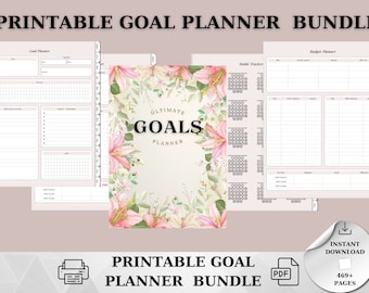 May include: Printable goal planner bundle with floral design. Includes goal planner, habit tracker, budget planner, and more. 469+ pages. Instant download. PDF.