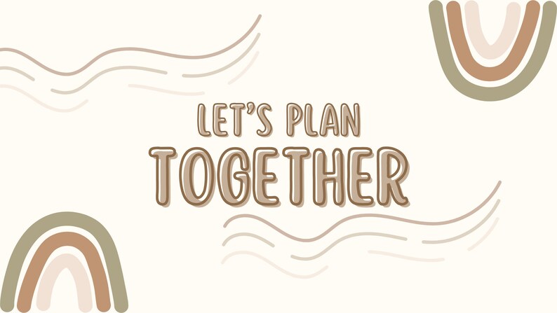May include: Let's Plan Together text in brown with a 3D effect on a white background with brown and green abstract shapes.