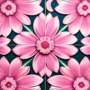 May include: A close-up of four pink flowers with a green background. The flowers have many petals and a pink center.