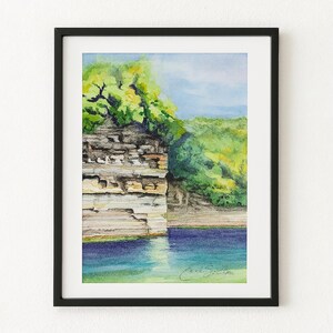 Rope Swing Cliffs at Shell Knob Giclée Art Print – Table Rock Lake Ozarks Wall Décor –Watercolor Landscape Print – Rustic Lake House Art