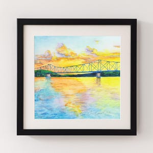 Impresión giclée en acuarela del atardecer en el puente de la ciudad de Kimberling – Arte del puente del lago Table Rock – Decoración de pared Lakehouse