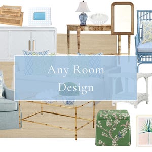 Puede incluir: Un collage de elementos de diseño de interiores, que incluye un aparador blanco, un sillón azul y una mesa de centro de bambú. La imagen presenta una combinación de colores azul y blanco, con cojines decorativos y un otomán floral verde. El texto "Any Room Design" está superpuesto.