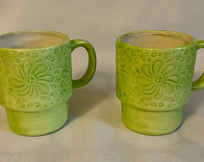 Two Handmade Green Floral Ceramic Mugs, Signed