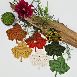 May include: A collection of handmade macrame leaf coasters in various colors, including brown, red, yellow, white, and green. The coasters are arranged with flowers, a cactus, and a piece of driftwood, creating a fall-themed display.