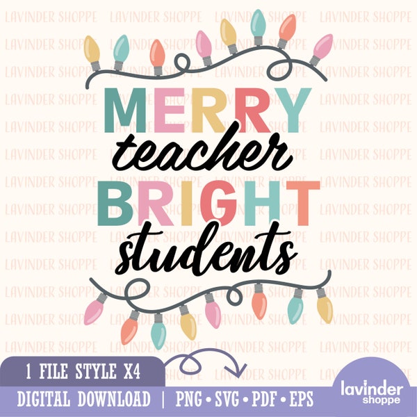 Christmas Teacher png, Merry and Bright svg, Pastel Pink Christmas Sublimation Design, Teacher Clipart, Commercial Use, png svg pdf eps file