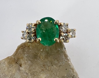 Handmade 14K Yellow Gold Natural Emerald Ring | Oval Emerald and Diamond Ring | Genuine Emerald Engagement Ring | Fine Gold Jewelry