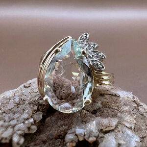 Aquamarine Ring | 14K Yellow Gold Ring | Genuine Aquamarine and Diamonds | Pear Shaped Aquamarine Ring image 1