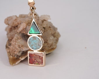 14K Yellow Gold Pendant | Handmade Gemstone Pendant | Paua Shell Pendant | Turquoise Pendant | Mexican Fire Opal Pendant