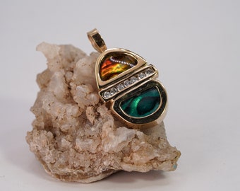14K Yellow Gold Pendant | Handmade Paua Shell and Diamond Pendant | Green Paua Shell | Yellow Paua Shell | Diamond Pendant
