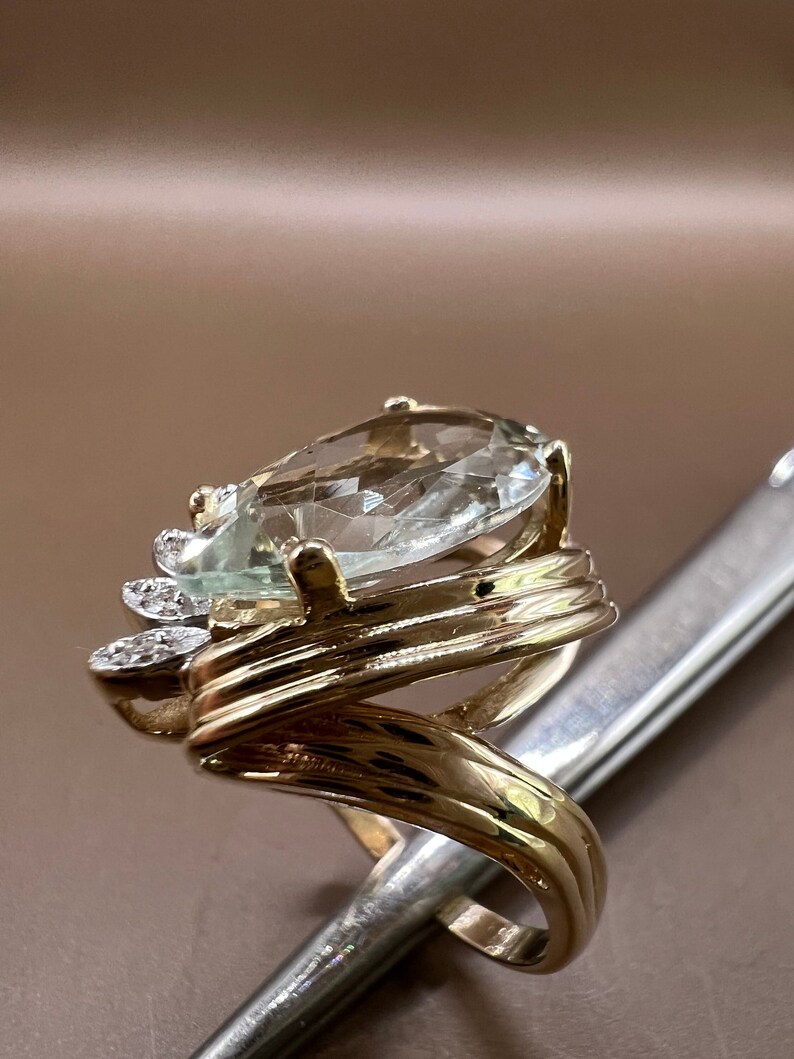 Aquamarine Ring | 14K Yellow Gold Ring | Genuine Aquamarine and Diamonds | Pear Shaped Aquamarine Ring image 5