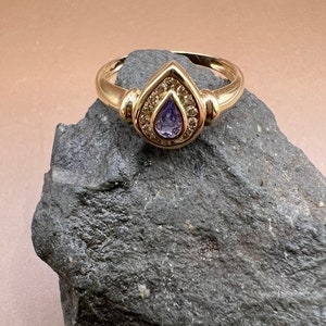 Tanzanite Ring | 14K Yellow Gold Ring | Genuine Tanzanite and Diamonds | Pear Shaped Tanzanite Ring image 2