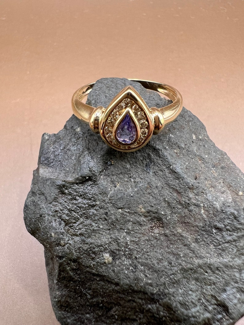 Tanzanite Ring | 14K Yellow Gold Ring | Genuine Tanzanite and Diamonds | Pear Shaped Tanzanite Ring image 2