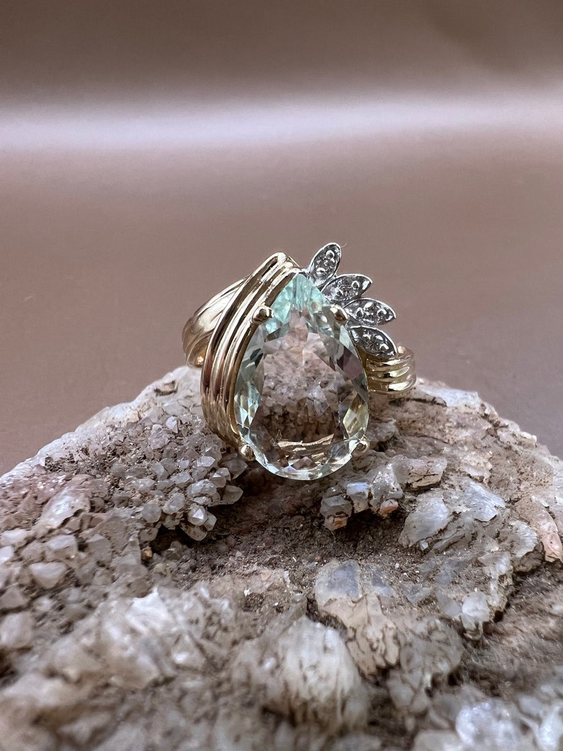 Aquamarine Ring | 14K Yellow Gold Ring | Genuine Aquamarine and Diamonds | Pear Shaped Aquamarine Ring image 2