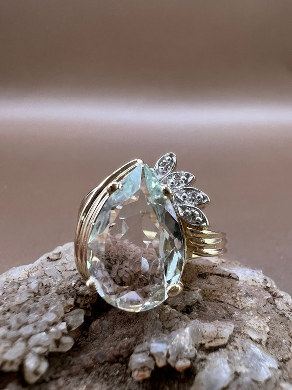 Aquamarine Ring | 14K Yellow Gold Ring | Genuine Aquamarine and Diamonds | Pear Shaped Aquamarine Ring