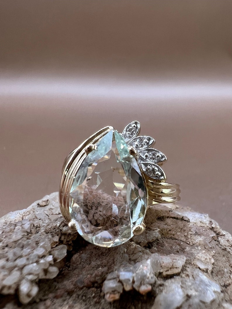 Aquamarine Ring | 14K Yellow Gold Ring | Genuine Aquamarine and Diamonds | Pear Shaped Aquamarine Ring image 1