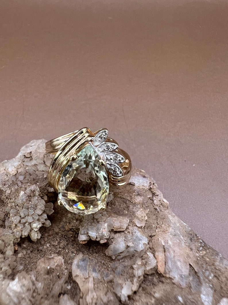 Aquamarine Ring | 14K Yellow Gold Ring | Genuine Aquamarine and Diamonds | Pear Shaped Aquamarine Ring image 8