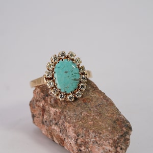 14K Yellow Gold Ladies Ring | Turquoise and Diamond Ring | Oval Cut Turquoise Ring | Handmade Turquoise Ring