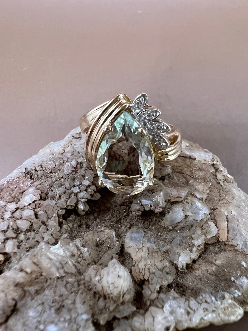 Aquamarine Ring | 14K Yellow Gold Ring | Genuine Aquamarine and Diamonds | Pear Shaped Aquamarine Ring image 6