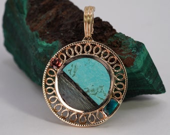 14K Yellow Gold Pendant | Filigree Design Pendant | Turquoise and Labradorite Pendant | Pink Tourmaline | Abalone Shell | Unique Pendant
