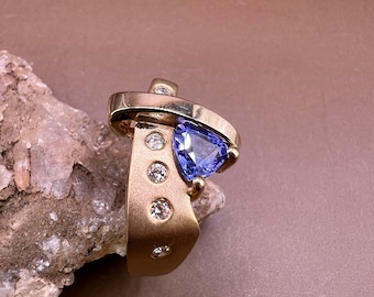 Tanzanite Ring | 14K Yellow Gold Ring | Genuine Tanzanite and Diamonds | Trillion Cut Tanzanite Ring